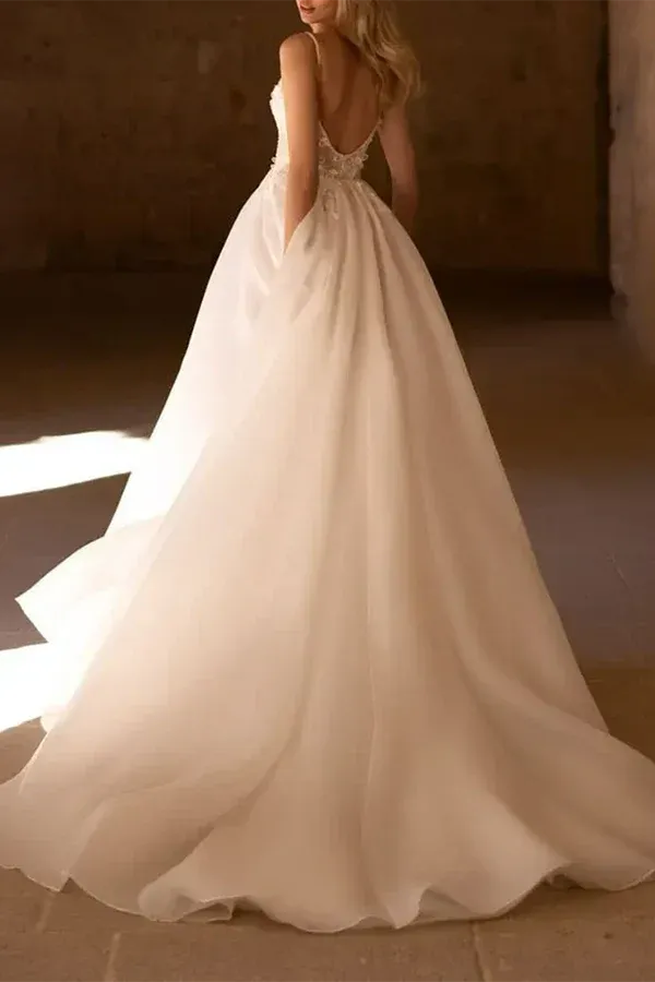 A-Line V-Neck Floor-Length Wedding Dress - Yihuiw by Yihuiw