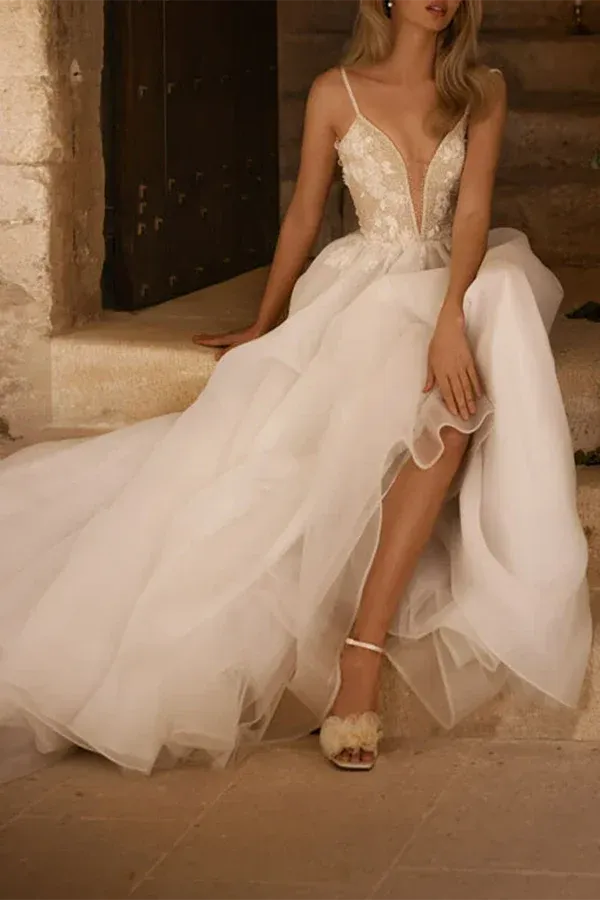 A-Line V-Neck Floor-Length Wedding Dress - Yihuiw by Yihuiw