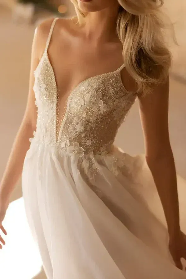 A-Line V-Neck Floor-Length Wedding Dress - Yihuiw by Yihuiw