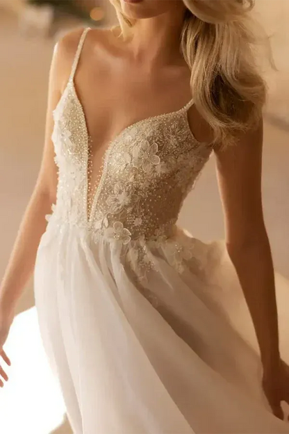 A-Line V-Neck Floor-Length Wedding Dress - Yihuiw by Yihuiw