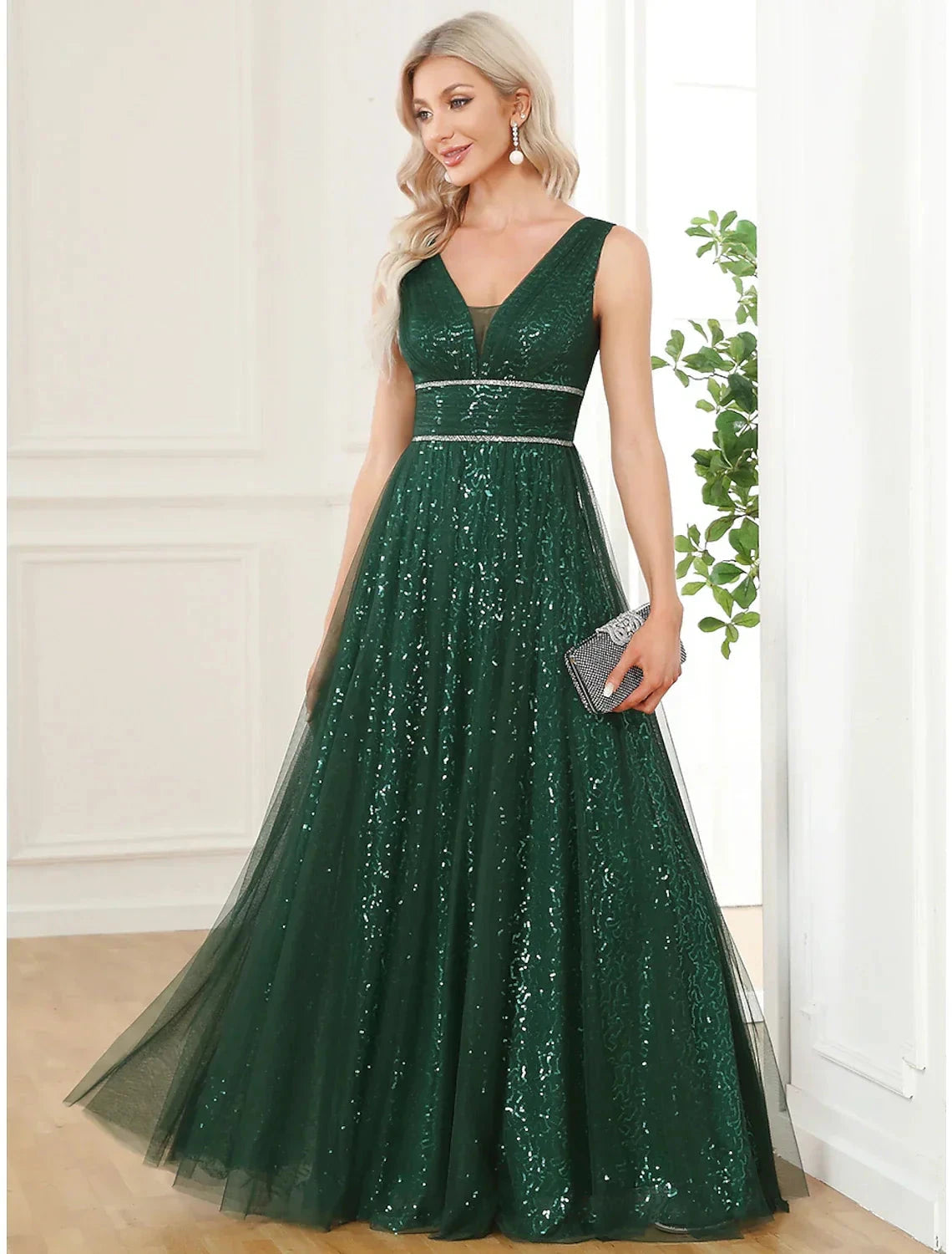 A-Line Prom Dresses Elegant Dress Party Wear Floor Length Sleeveless V Neck Sequined V Back with Sequin by YiHuiw