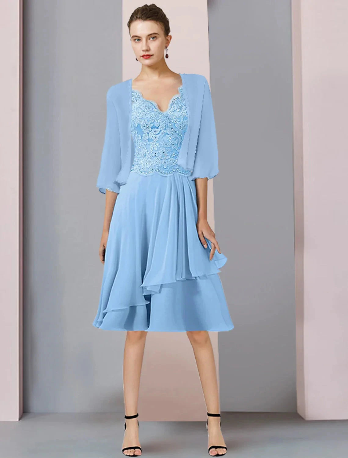Two Piece A-Line Mother of the Bride Dress Formal Wedding Guest Elegant V Neck Knee Length Chiffon Lace 3/4 Length Sleeve Wrap Included with Beading Sequin Appliques by YiHuiw