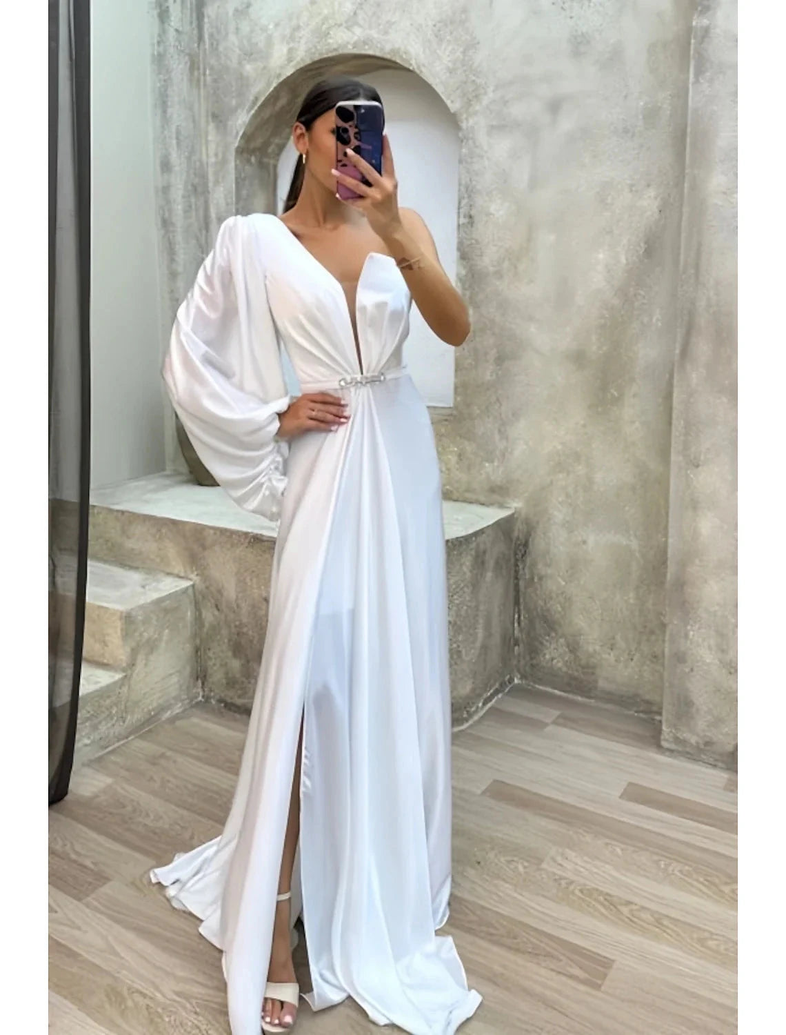 A-Line Evening Gown High Split Dress Formal Fall Sweep / Brush Train Long Sleeve One Shoulder Satin with Pleats Crystals Slit by YiHuiw