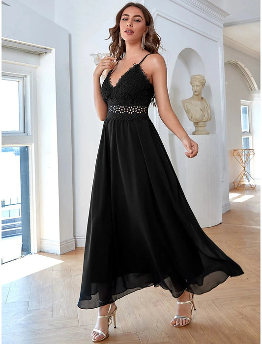 A-Line Elegant Vintage Party Wear Formal Evening Dress V Neck Sleeveless Ankle Length Chiffon with Sequin Pure Color Splicing by YiHuiw