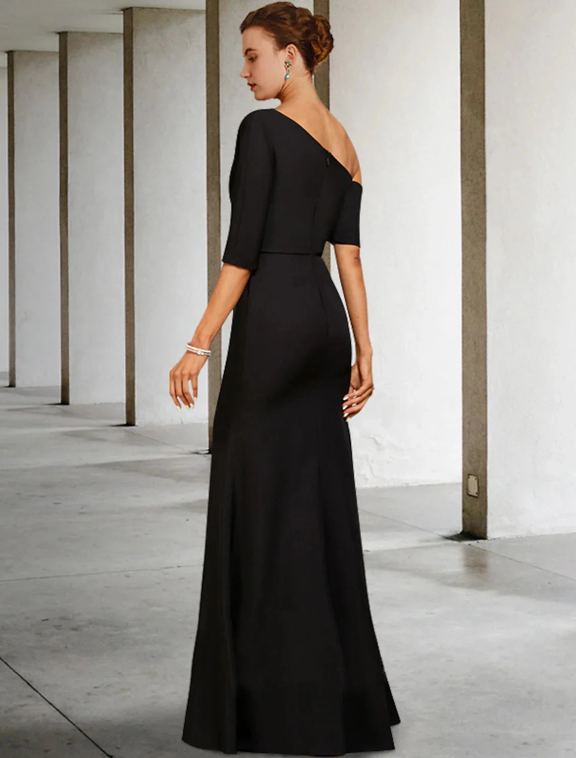 A-Line Mother of the Bride Dress Fall Wedding Guest Vintage Elegant One Shoulder Floor Length Charmeuse 3/4 Length Sleeve with Ruffles Side-Draped by YiHuiw