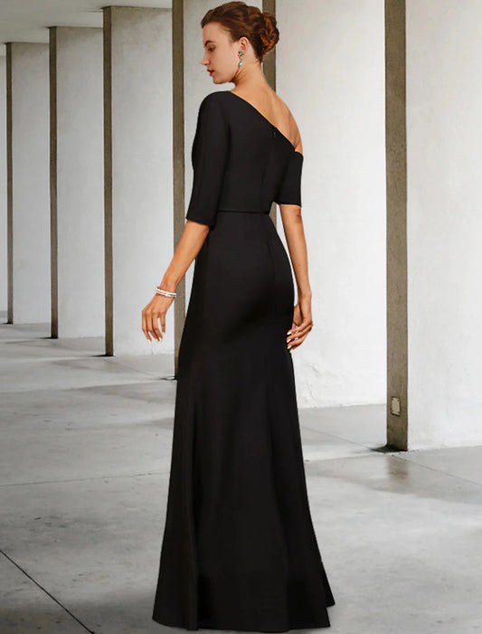 A-Line Mother of the Bride Dress Fall Wedding Guest Vintage Elegant One Shoulder Floor Length Charmeuse 3/4 Length Sleeve with Ruffles Side-Draped by YiHuiw