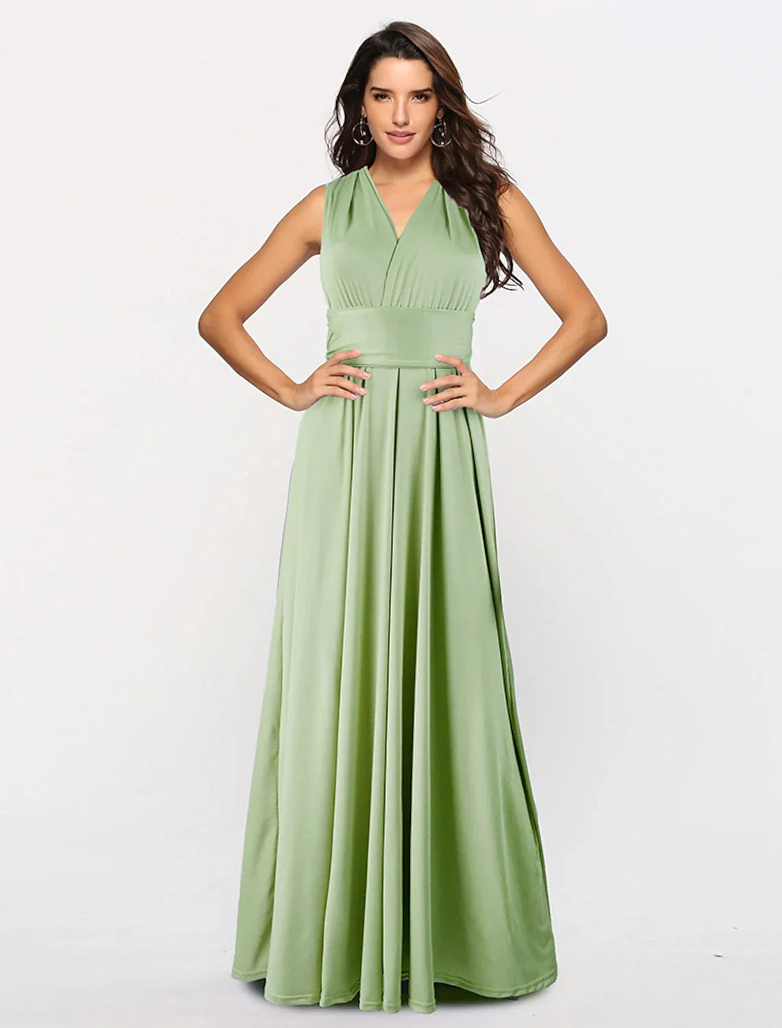A-Line Bridesmaid Dress Halter / V Neck Sleeveless Convertible Floor Length Spandex with Sash / Ribbon / Pleats by YiHuiw