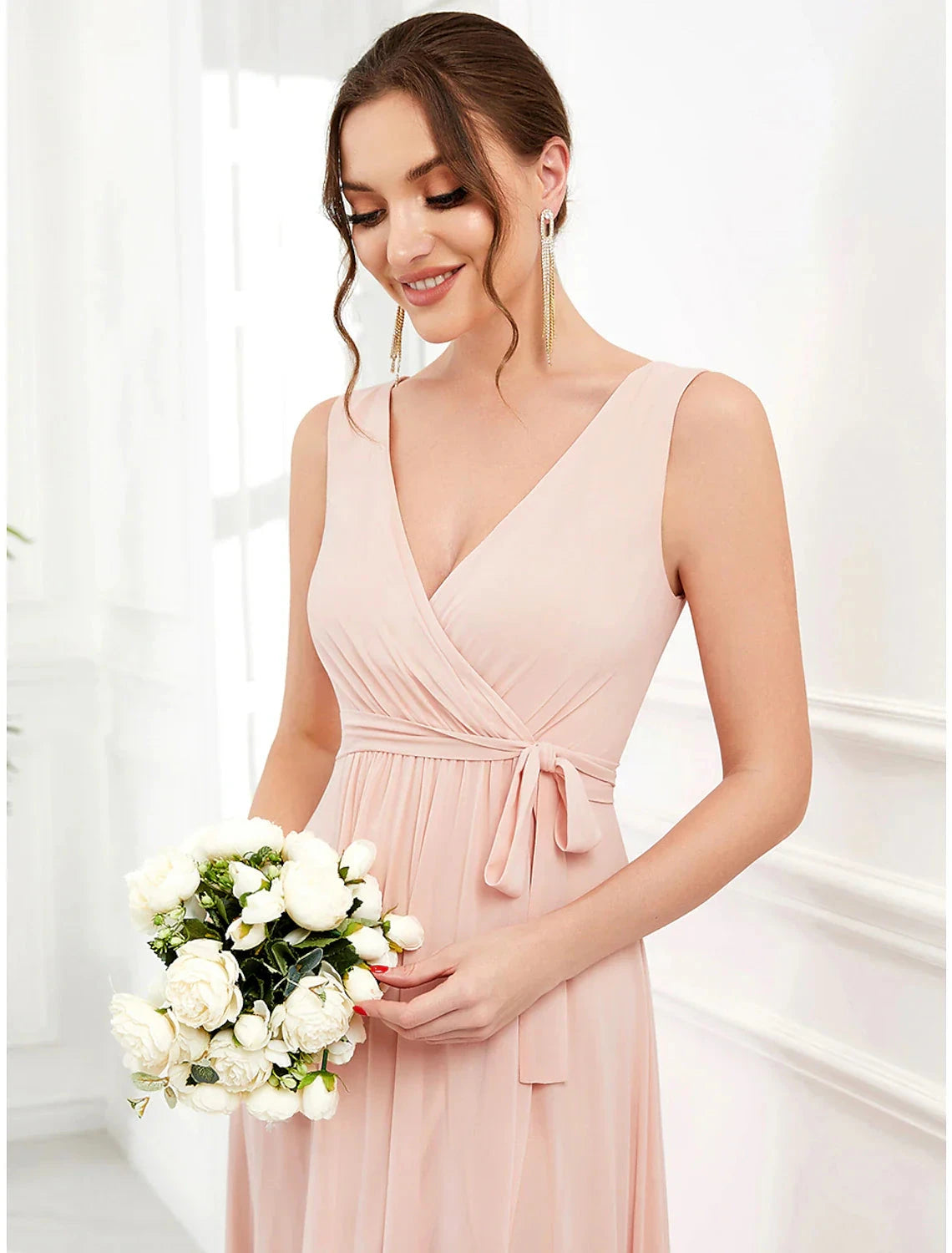 A-Line Wedding Guest Dresses Elegant Dress Party Wear Wedding Party Asymmetrical Sleeveless Spaghetti Strap Bridesmaid Dress Chiffon with Ruffles Slit by YiHuiw