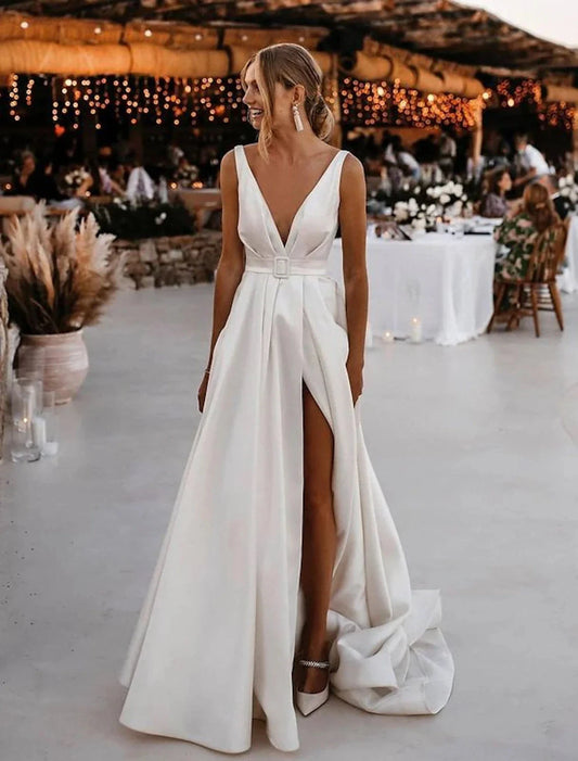 Beach Casual Wedding Dresses A-Line V Neck Sleeveless Court Train Satin Bridal Gowns With Sashes / Ribbons Sash / Ribbon Summer Wedding Party Women's Clothing by YiHuiw