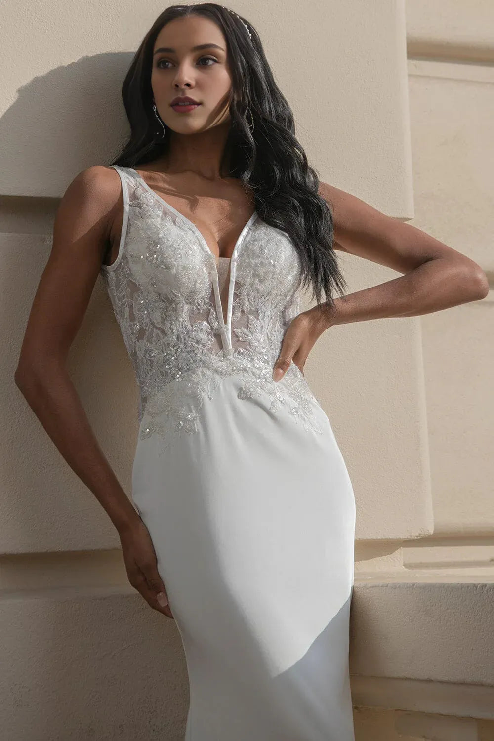 Mermaid Plunging Sleeveless Floor-Length Wedding Dress - Yihuiw by Yihuiw