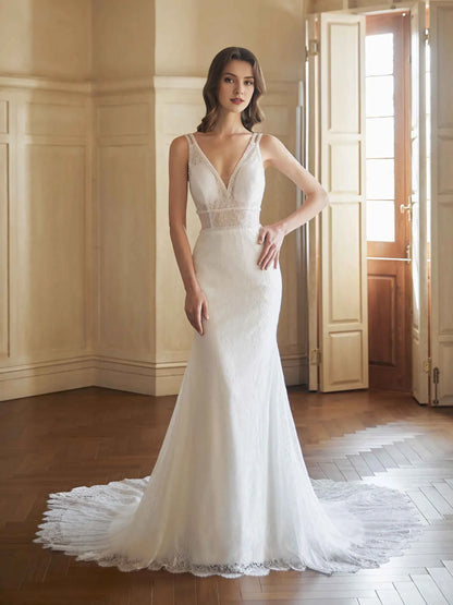Mermaid V-Neck Sleeveless Floor-Length Wedding Dress - Yihuiw by Yihuiw