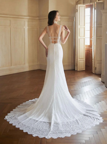 Mermaid V-Neck Sleeveless Floor-Length Wedding Dress - Yihuiw by Yihuiw