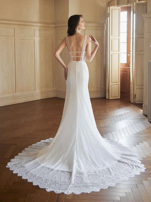 Mermaid V-Neck Sleeveless Floor-Length Wedding Dress - Yihuiw by Yihuiw