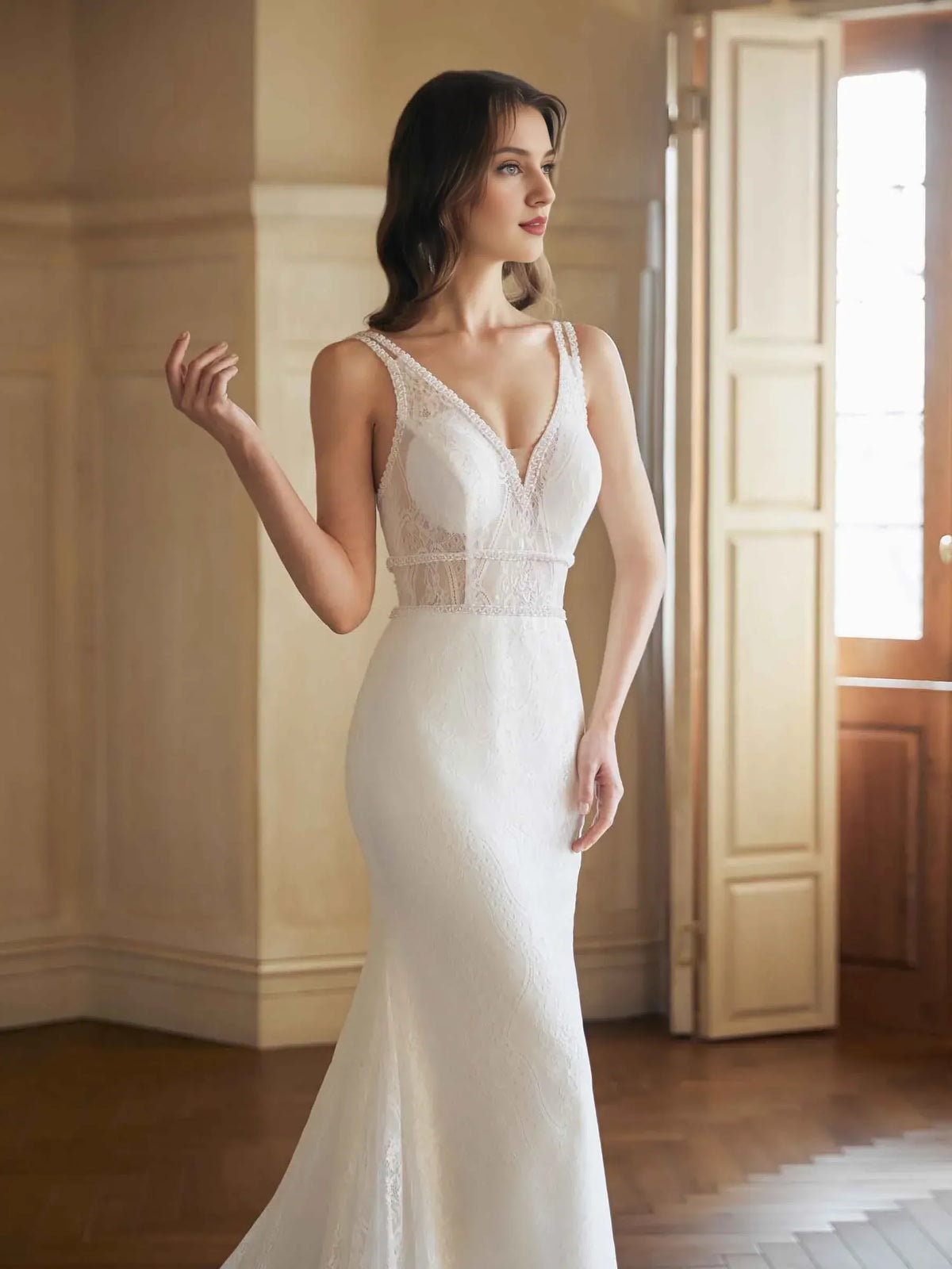Mermaid V-Neck Sleeveless Floor-Length Wedding Dress - Yihuiw by Yihuiw