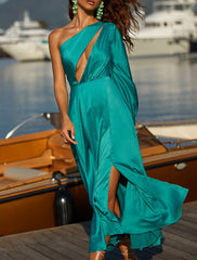 A-Line Cocktail Dresses Cut Out Dress Party Wear Wedding Guest Tea Length Long Sleeve One Shoulder Charmeuse with Ruched