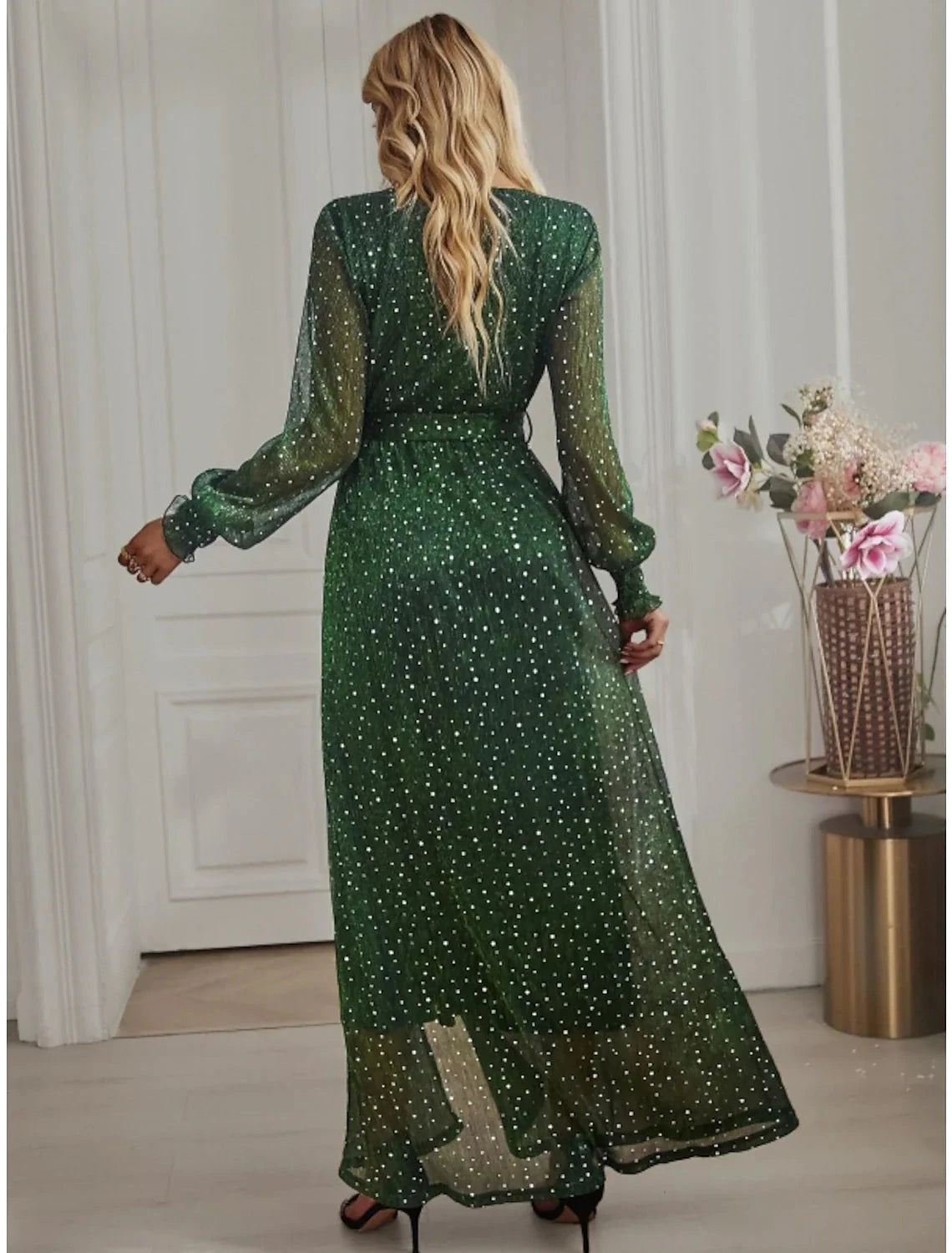 A-Line Party Dresses Sparkle & Shine Dress Birthday Fall Ankle Length Long Sleeve V Neck Chiffon with Glitter Sequin Slit by YiHuiw
