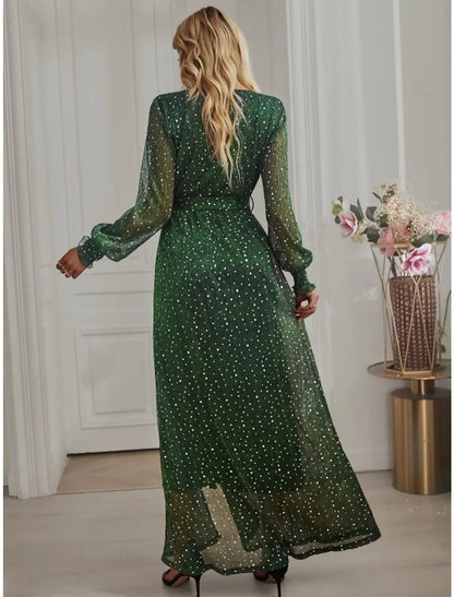 A-Line Party Dresses Sparkle & Shine Dress Birthday Fall Ankle Length Long Sleeve V Neck Chiffon with Glitter Sequin Slit by YiHuiw