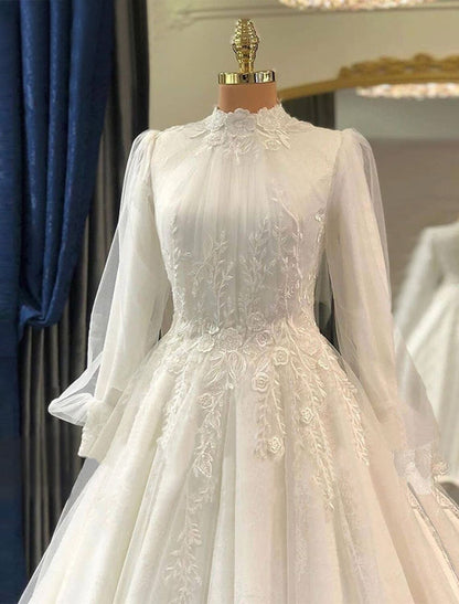 Engagement Vintage 1940s / 1950s Formal Fall Wedding Dresses Ball Gown High Neck Long Sleeve Court Train Lace Bridal Gowns With Pleats Appliques Summer Wedding Party by YiHuiw