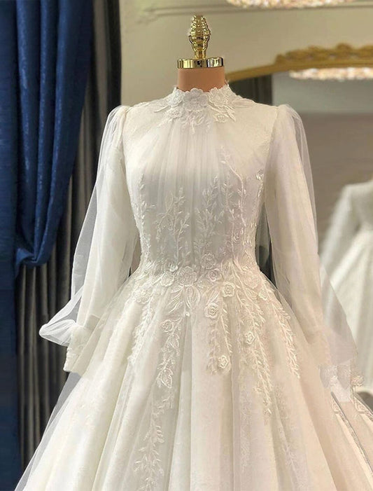 Engagement Vintage 1940s / 1950s Formal Fall Wedding Dresses Ball Gown High Neck Long Sleeve Court Train Lace Bridal Gowns With Pleats Appliques Summer Wedding Party by YiHuiw