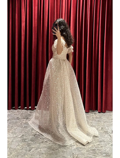 Sheath / Column Evening Gown Sparkle & Shine Dress Formal Fall Sweep / Brush Train Short Sleeve V Neck Sequined with Glitter Ruched by YiHuiw