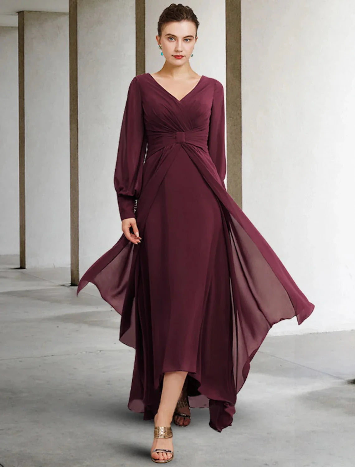 A-Line Mother of the Bride Dress Plus Size Elegant High Low V Neck Asymmetrical Floor Length Chiffon Long Sleeve with Pleats Ruched by YiHuiw