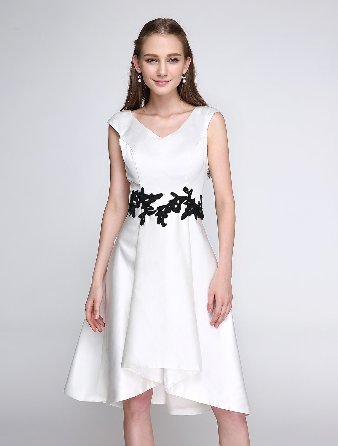 A-Line Fit & Flare Dress Cocktail Party Prom Knee Length Sleeveless V Neck Satin with Appliques by YiHuiw