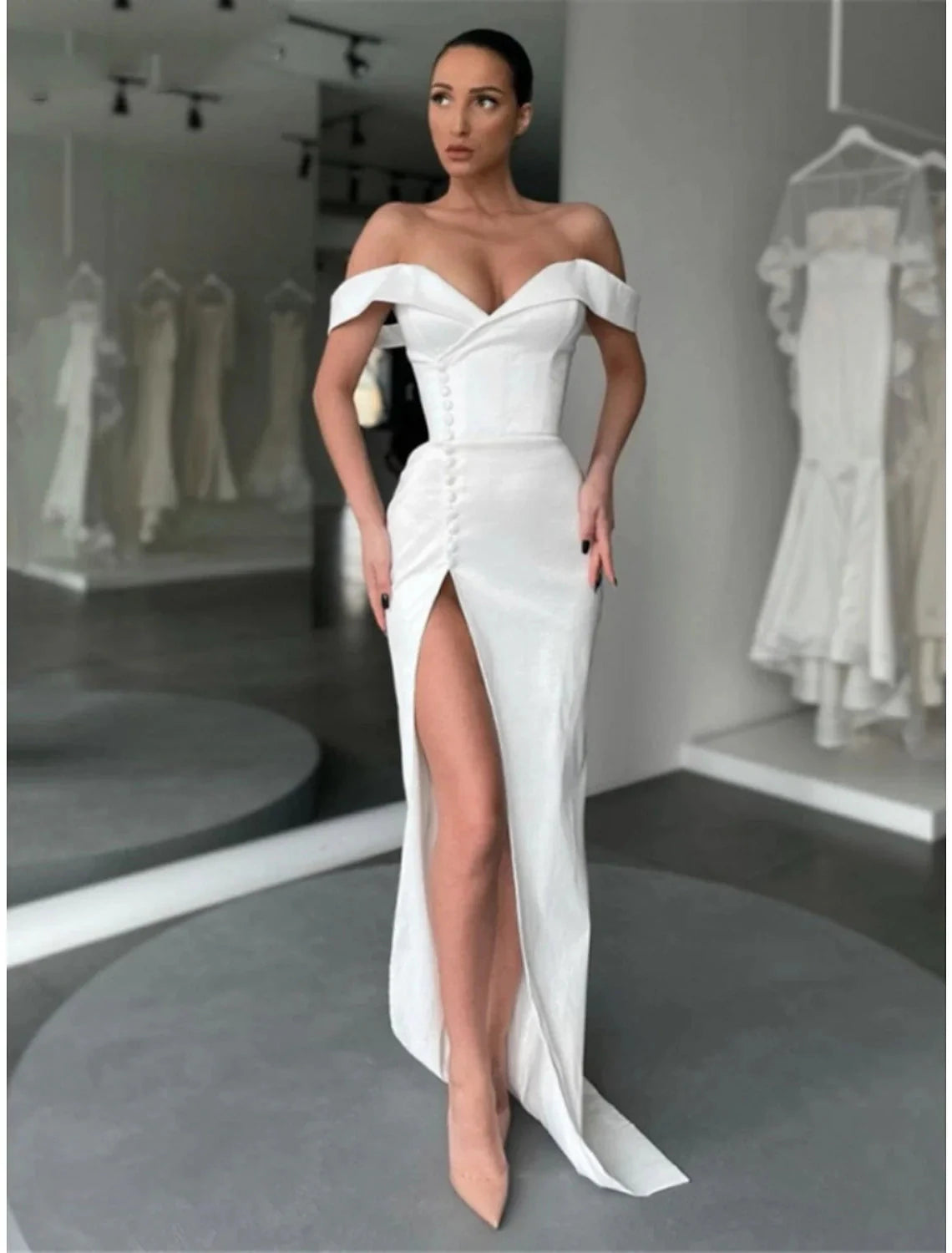 A-Line Evening Gown Elegant Dress Formal Court Train Long Sleeve Off Shoulder Satin with Buttons Pleats Slit by YiHuiw