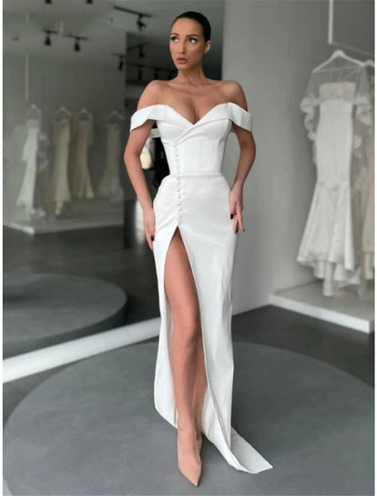 A-Line Evening Gown Elegant Dress Formal Court Train Long Sleeve Off Shoulder Satin with Buttons Pleats Slit by YiHuiw
