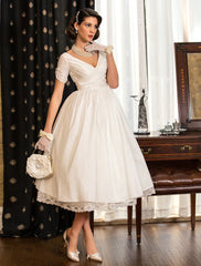 Reception Wedding Dresses Vintage 1940s / 1950s Little White Dresses A-Line V Neck Short Sleeve Tea Length Satin Bridal Gowns With Lace Criss Cross Summer Fall Wedding Party  Women's Clothing
