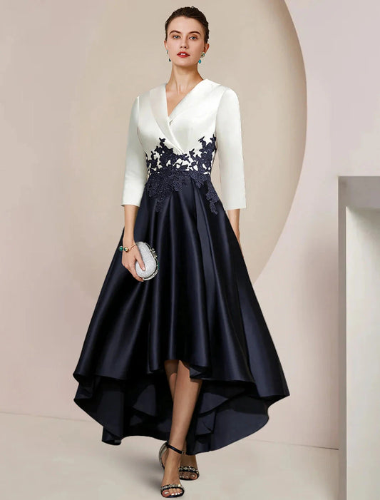 A-Line Mother of the Bride Dress Formal Wedding Guest Elegant High Low Shirt Collar Asymmetrical Tea Length Satin Lace 3/4 Length Sleeve with Appliques Color Block by YiHuiw