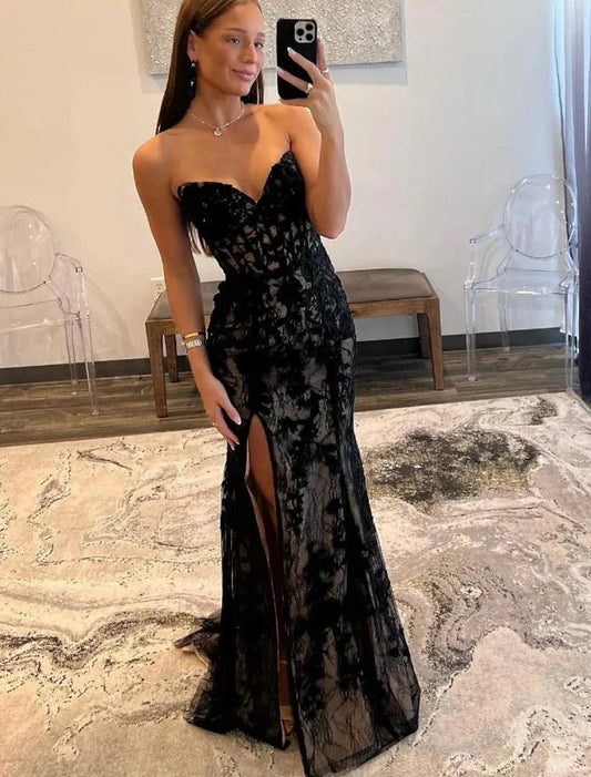 A-Line Mermaid Black Dress Evening Gown Open Back Dress Graduation Prom Sweep / Brush Train Sleeveless Sweetheart Wednesday Addams Family Lace Backless with Glitter Slit Appliques by YiHuiw