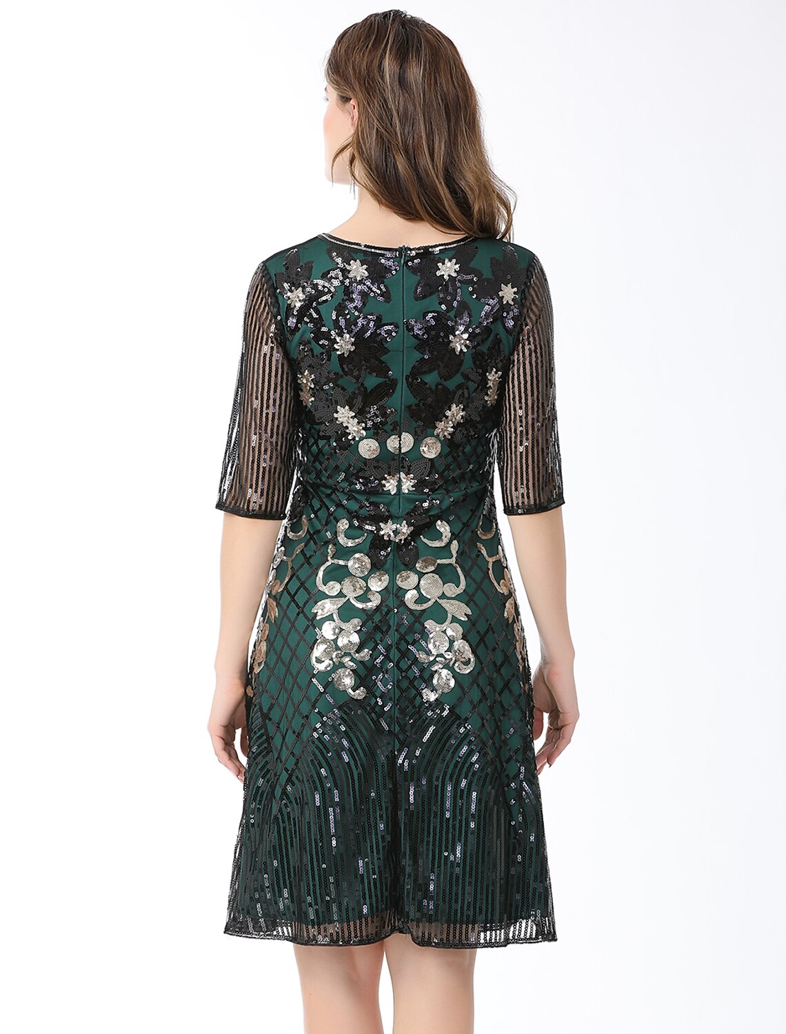 A-Line Cocktail Dresses Vintage Dress Holiday Party Wear Knee Length Half Sleeve Jewel Neck Cotton Blend with Sequin Splicing by YiHuiw