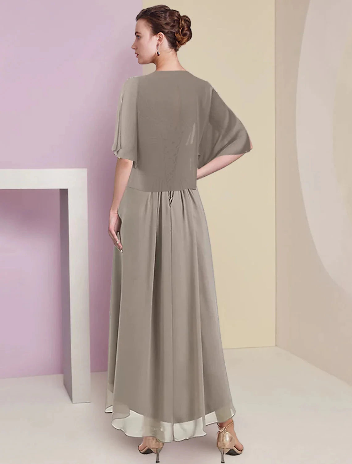 Two Piece A-Line Mother of the Bride Dress Formal Wedding Guest Elegant High Low V Neck Asymmetrical Tea Length Chiffon Lace Half Sleeve Wrap Included with Ruched Appliques by YiHuiw