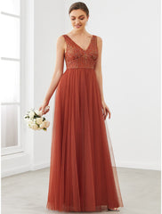 A-Line Prom Dresses Sparkle & Shine Dress Homecoming Wedding Guest Floor Length Sleeveless V Neck Tulle with Draping Splicing