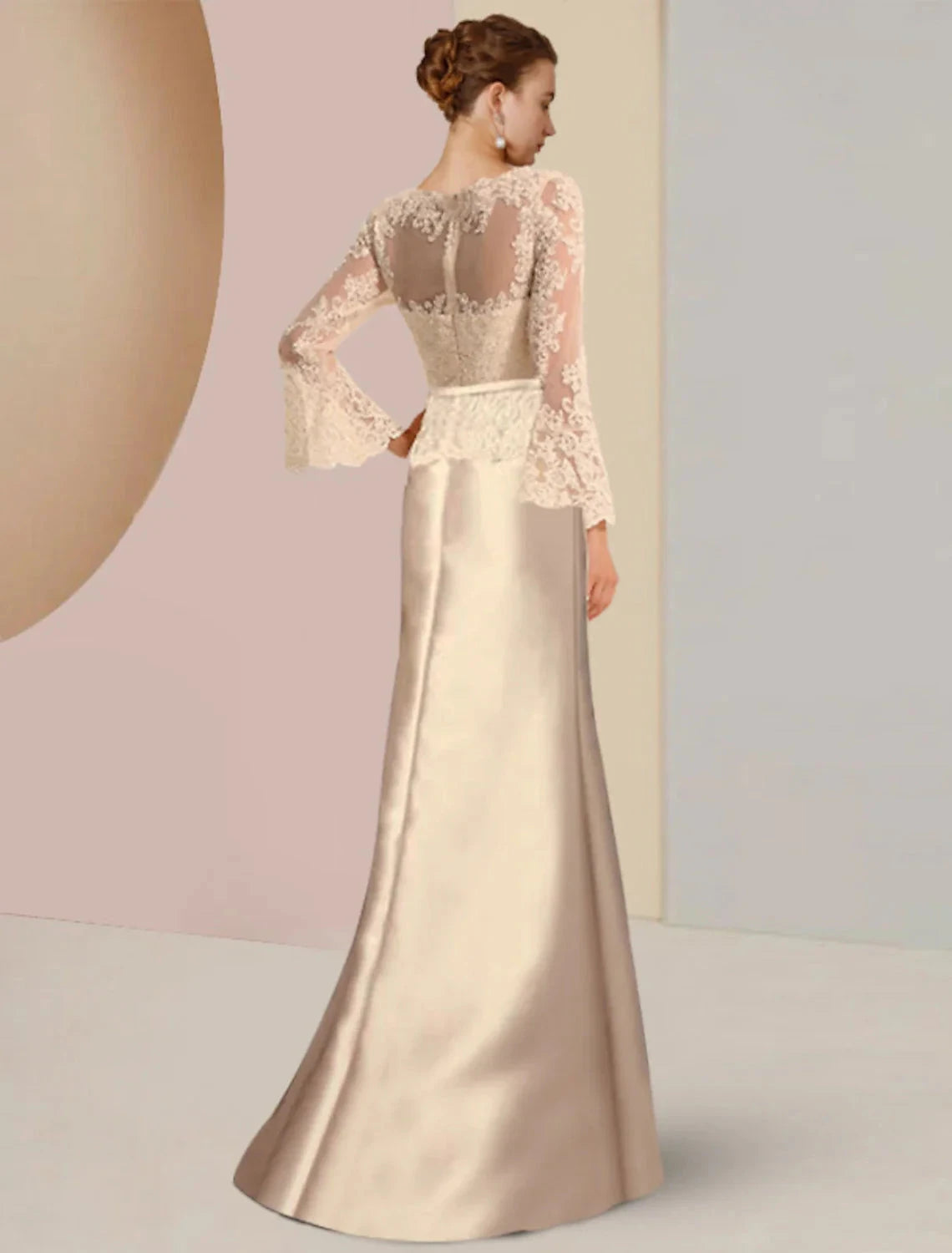 Sheath / Column Mother of the Bride Dress Wedding Guest Elegant Scoop Neck Sweep / Brush Train Satin Lace Long Sleeve with Beading Appliques by YiHuiw