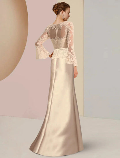 Sheath / Column Mother of the Bride Dress Wedding Guest Elegant Scoop Neck Sweep / Brush Train Satin Lace Long Sleeve with Beading Appliques by YiHuiw