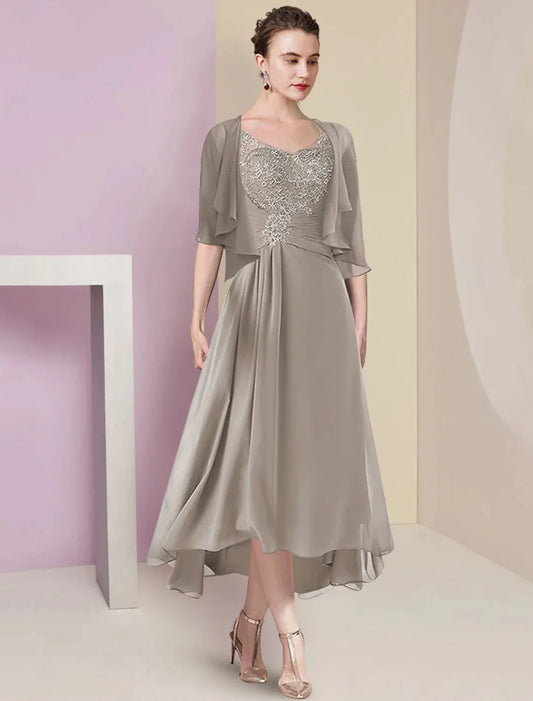Two Piece A-Line Mother of the Bride Dress Formal Wedding Guest Elegant High Low V Neck Asymmetrical Tea Length Chiffon Lace Half Sleeve Wrap Included with Ruched Appliques by YiHuiw