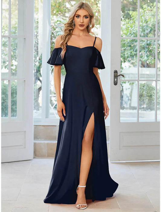 A-Line Wedding Guest Dresses Elegant Dress Formal Floor Length Short Sleeve Off Shoulder Fabric with Slit Pure Color by YiHuiw