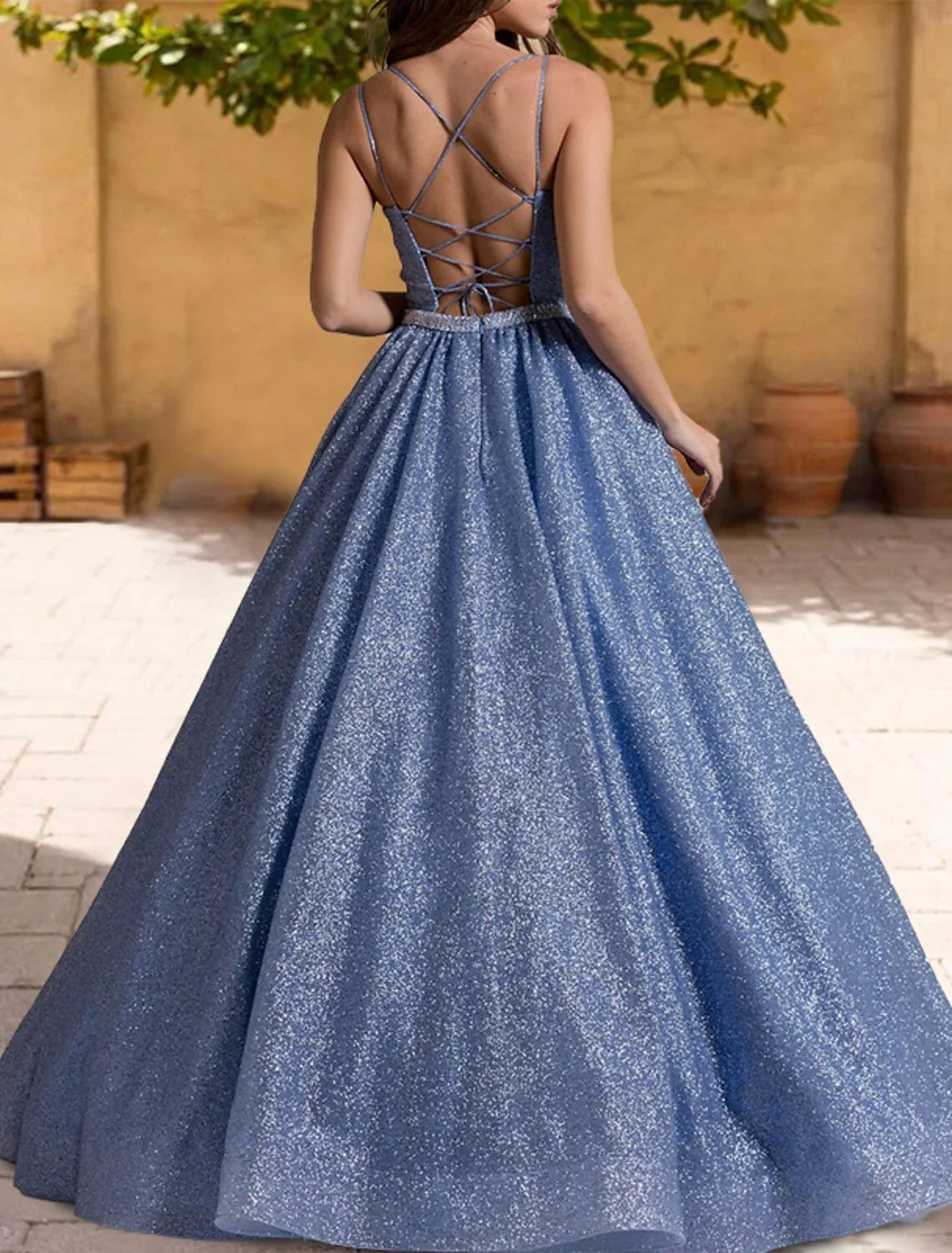 Ball Gown Quinceanera Dresses Sparkle & Shine Dress Sweet 16 Floor Length Sleeveless Spaghetti Strap Tulle with Glitter Criss Cross Pleats by YiHuiw