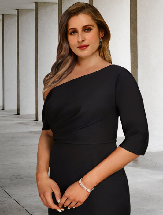 A-Line Plus Size Curve Mother of the Bride Dresses Vintage Dress Party Wear Floor Length 3/4 Length Sleeve One Shoulder  Fabric with Ruched