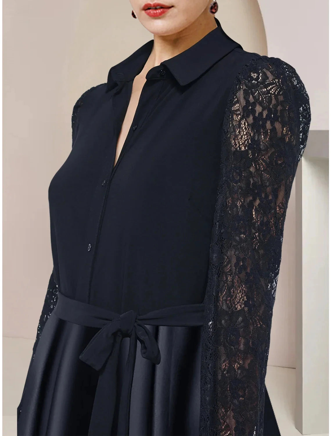 A-Line Mother of the Bride Dress Wedding Guest Party Elegant Shirt Collar Asymmetrical Floor Length Satin Long Sleeve with Lace Bow(s) Ruching by YiHuiw
