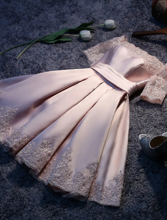 A-Line Bridesmaid Dress Off Shoulder Short Sleeve Elegant Short / Mini Satin with Lace by YiHuiw