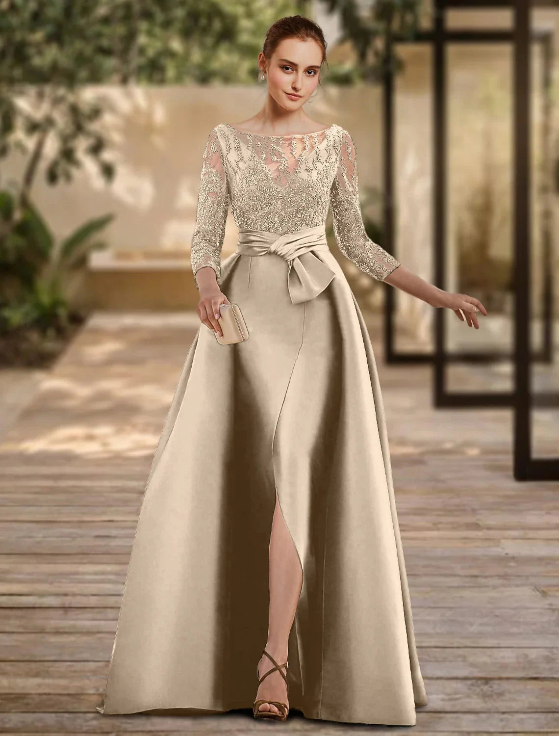 A-Line Evening Gown Open Back Dress Formal Wedding Guest Floor Length 3/4 Length Sleeve Scoop Neck Lace with Slit Strappy by YiHuiw