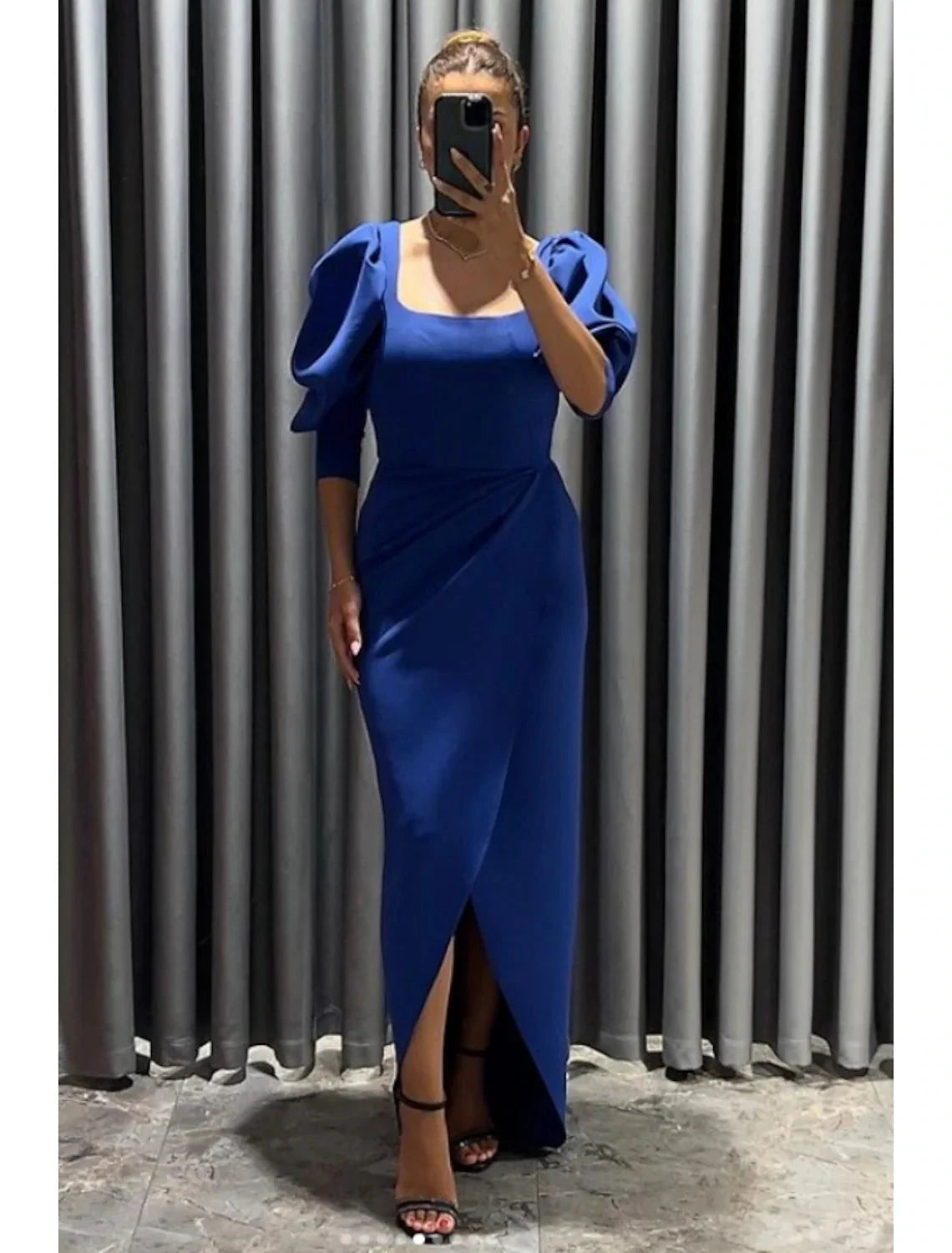 Sheath / Column Evening Gown Elegant Dress Formal Fall Asymmetrical 3/4 Length Sleeve Square Neck Fabric with Ruched Slit by YiHuiw