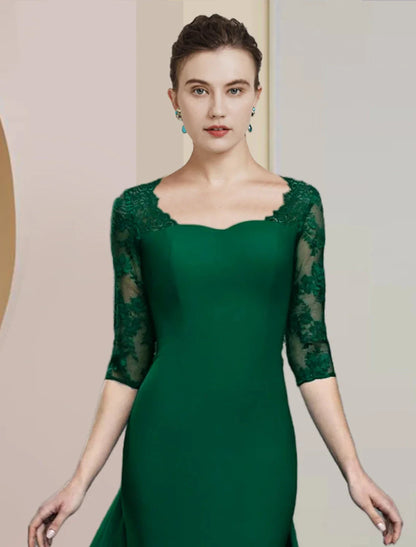 Sheath / Column Mother of the Bride Dress Formal Wedding Guest Elegant Scoop Neck Floor Length Chiffon Lace Half Sleeve with Appliques by YiHuiw