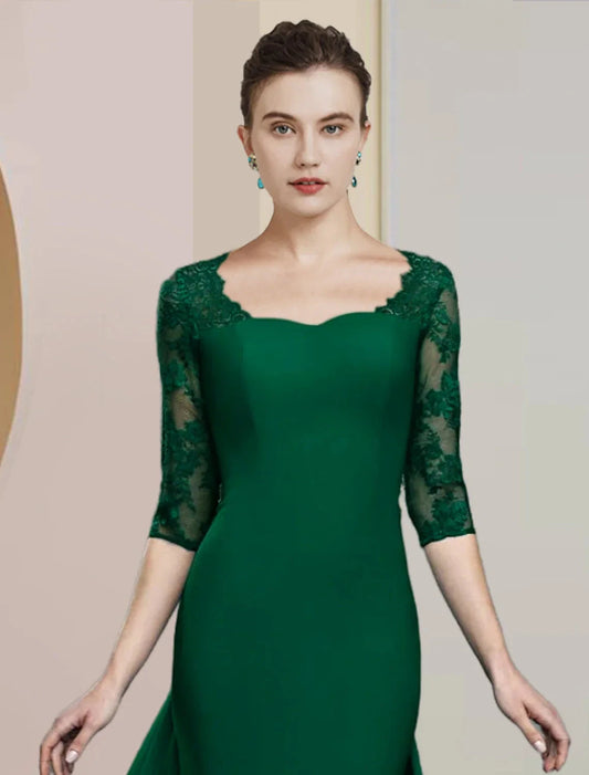 Sheath / Column Mother of the Bride Dress Formal Wedding Guest Elegant Scoop Neck Floor Length Chiffon Lace Half Sleeve with Appliques by YiHuiw