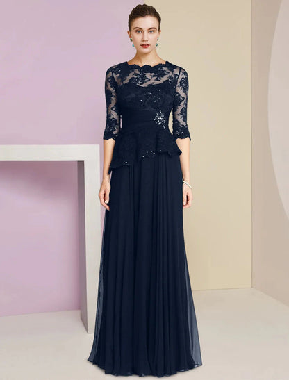 A-Line Mother of the Bride Dress Formal Wedding Guest Elegant Scoop Neck Floor Length Chiffon Lace Half Sleeve with Pleats Appliques Crystal Brooch by YiHuiw