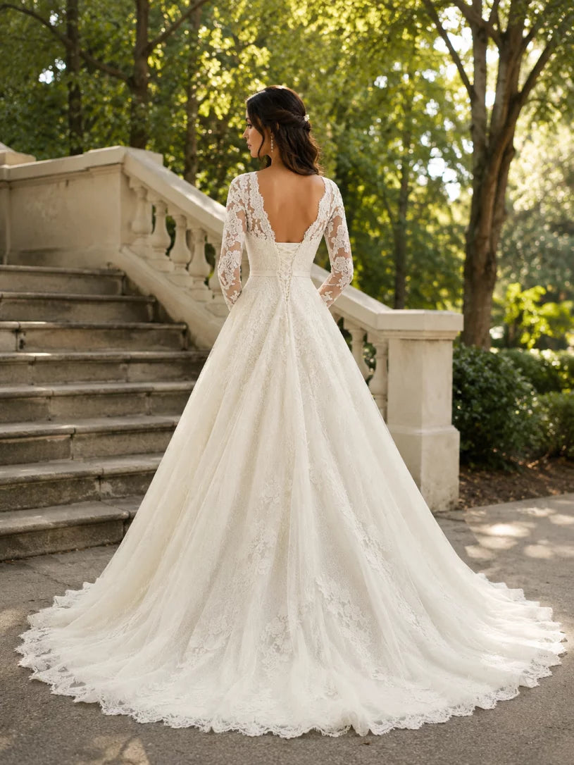 Engagement Formal Fall Wedding Dresses Ball Gown Illusion Neck Long Sleeve Court Train Lace Church Bridal Gowns With Appliques Summer Wedding Party, Women‘s Clothing by YiHuiw