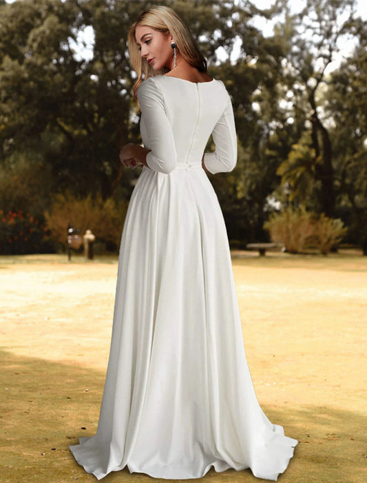 Hall Casual Fall Wedding Dresses A-Line Scoop Neck 3/4 Length Sleeve Sweep / Brush Train  Fabric Bridal Gowns With Pleats Solid Color  Summer Wedding Party, Women's Clothing
