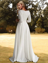 Hall Casual Fall Wedding Dresses A-Line Scoop Neck 3/4 Length Sleeve Sweep / Brush Train  Fabric Bridal Gowns With Pleats Solid Color  Summer Wedding Party, Women's Clothing